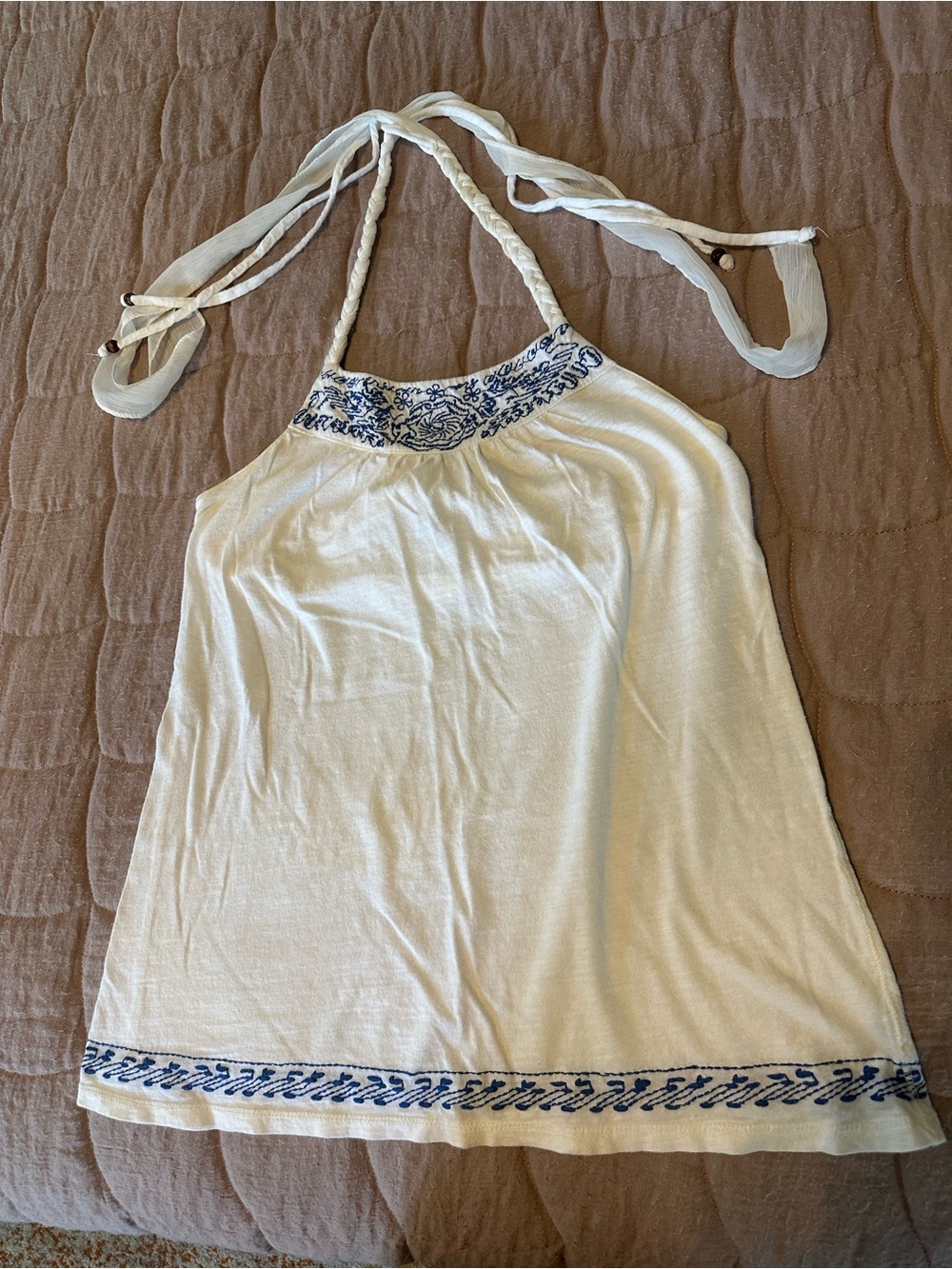 American Eagle Outfitters White Halter Top with Navy Logo Tag